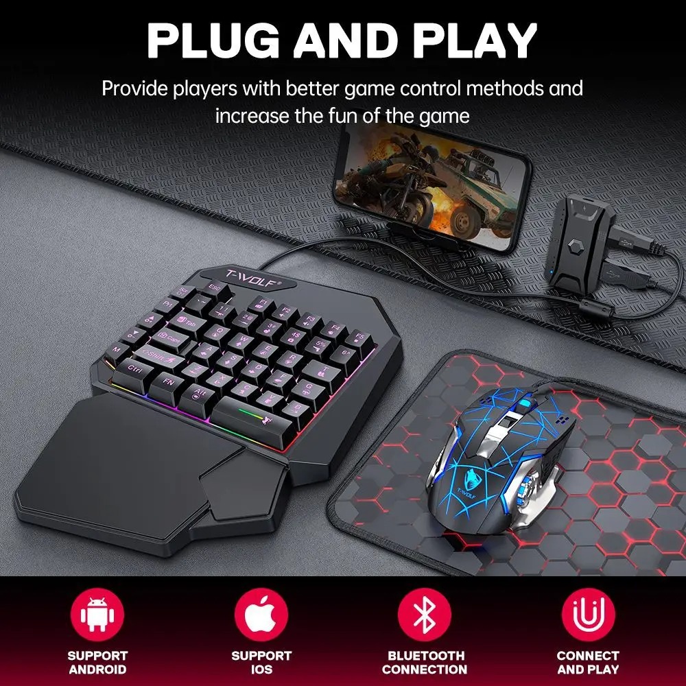 Gaming Keyboard 1 Hand - Игровой комплект 5-в-1: RGB-клавиатура, мышь, контроллер
